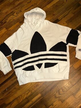 adidas rare White Hoodie Sweatshirt with Black Trefoil Graphic